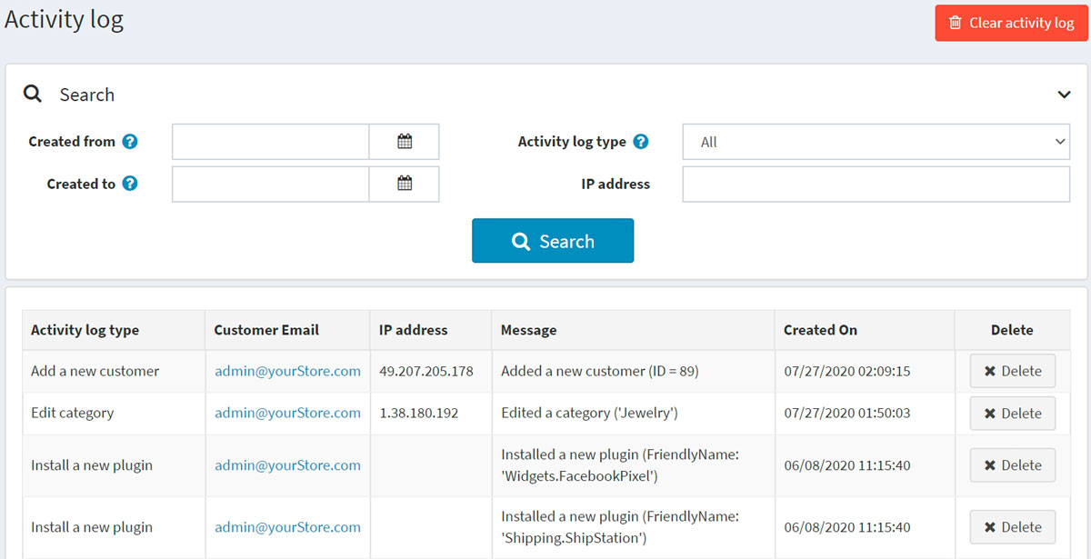 Activity log